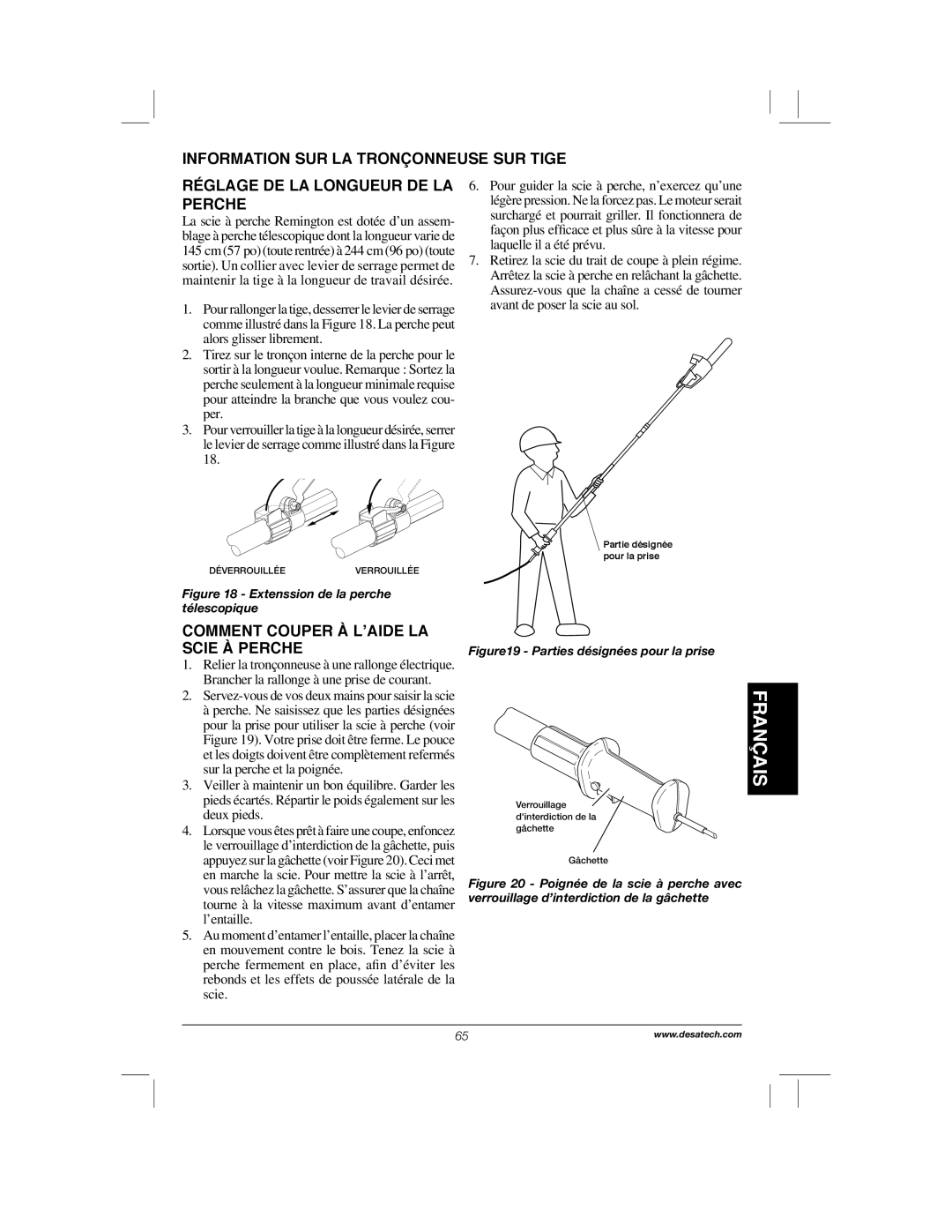 Remington Power Tools 104317, PS1510A manual Comment Couper À L’AIDE LA Scie À Perche, Extenssion de la perche télescopique 