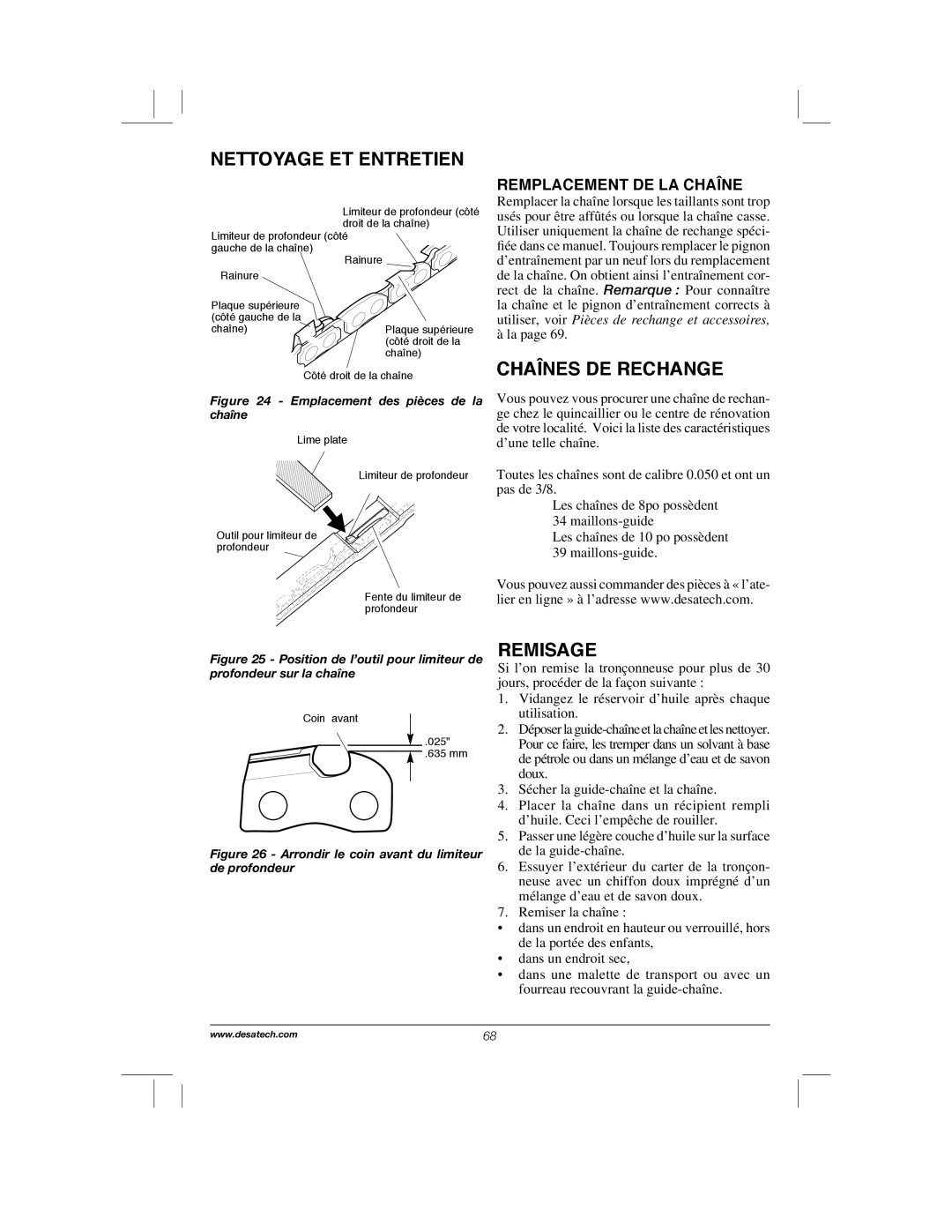 Remington Power Tools RPS2N1, 104317, PS1510A manual Chaînes DE Rechange, Remisage, Remplacement DE LA Chaîne 