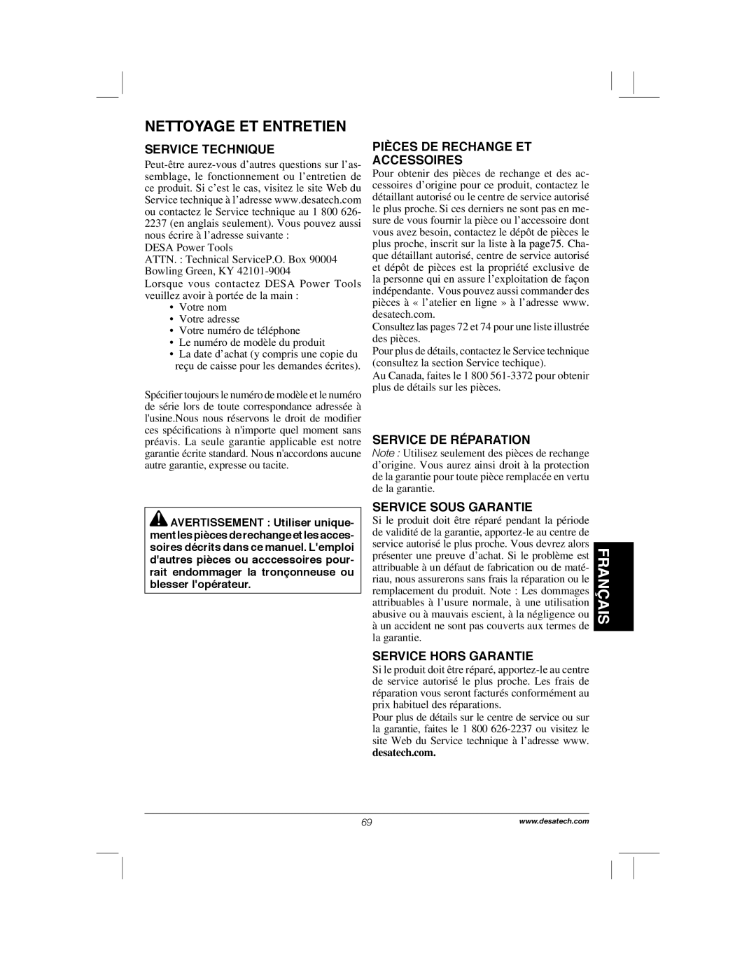 Remington Power Tools 104317, PS1510A manual Service Technique, Pièces DE Rechange ET Accessoires, Service Hors Garantie 