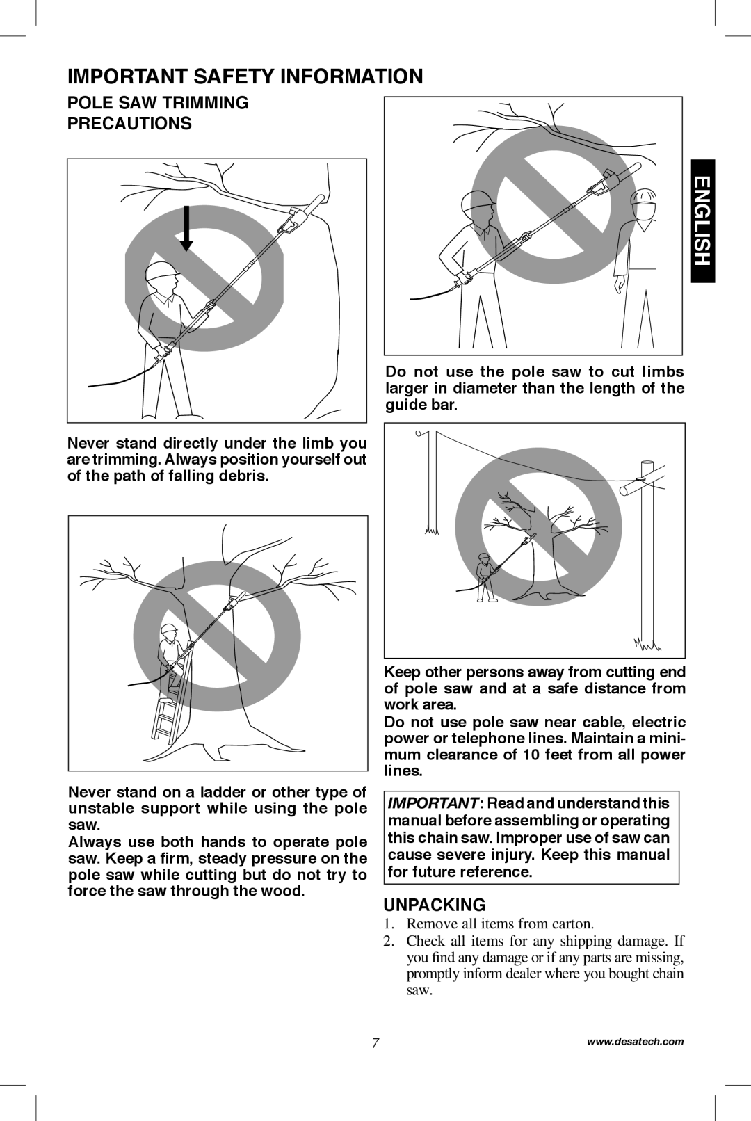 Remington Power Tools RPS2N1, 104317, PS1510A manual Pole Saw Trimming Precautions, Unpacking 