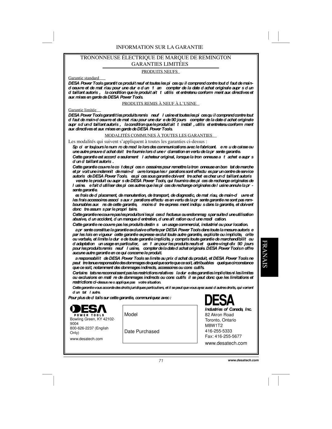 Remington Power Tools RPS2N1, 104317, PS1510A manual Date Purchased 