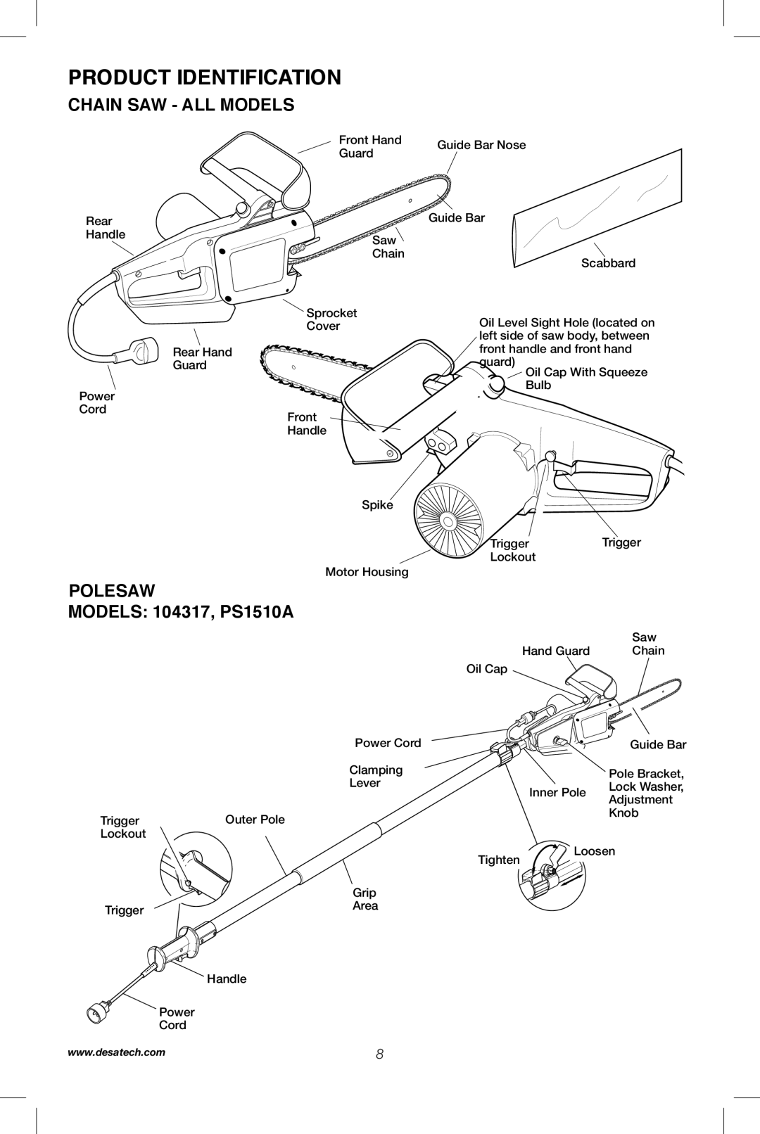 Remington Power Tools RPS2N1, 104317, PS1510A manual Product Identification, Chain SAW All Models, Polesaw 