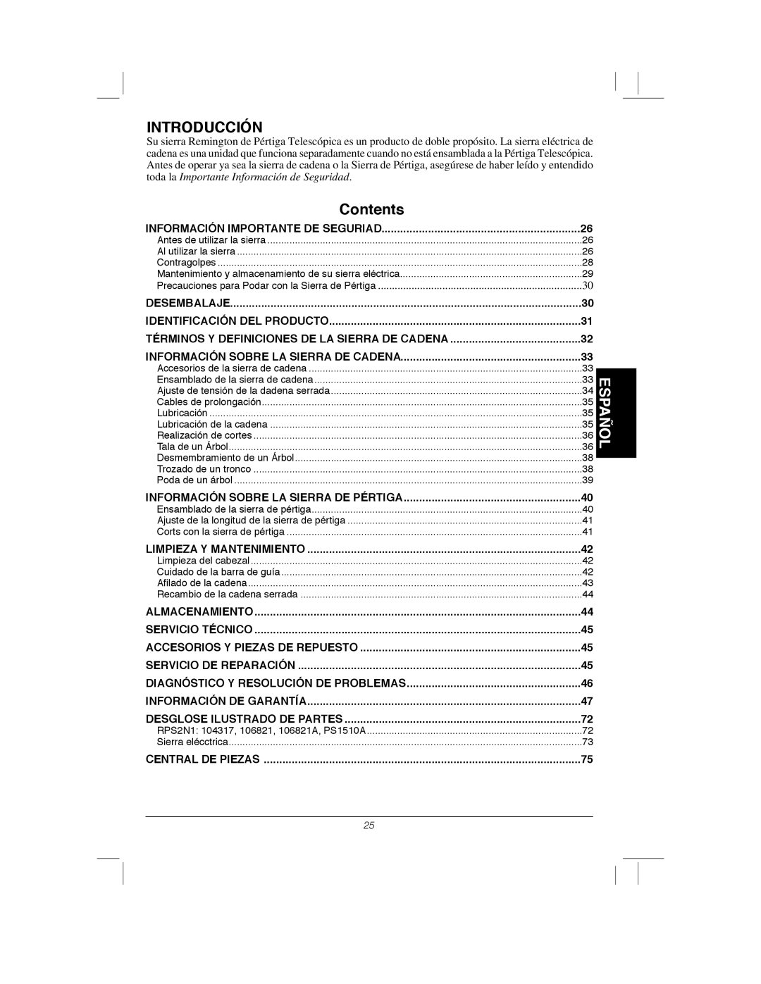 Remington Power Tools RPS2N1, 104317, PS1510A manual Introducción, Contents, Español 