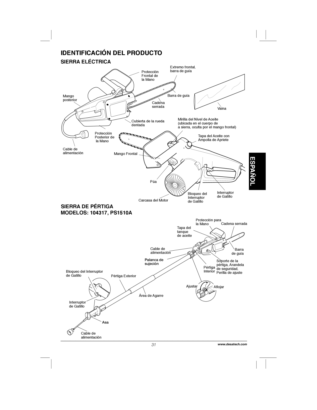 Remington Power Tools RPS2N1, 104317, PS1510A manual Identificación Del Producto, Español, Sierra Eléctrica 