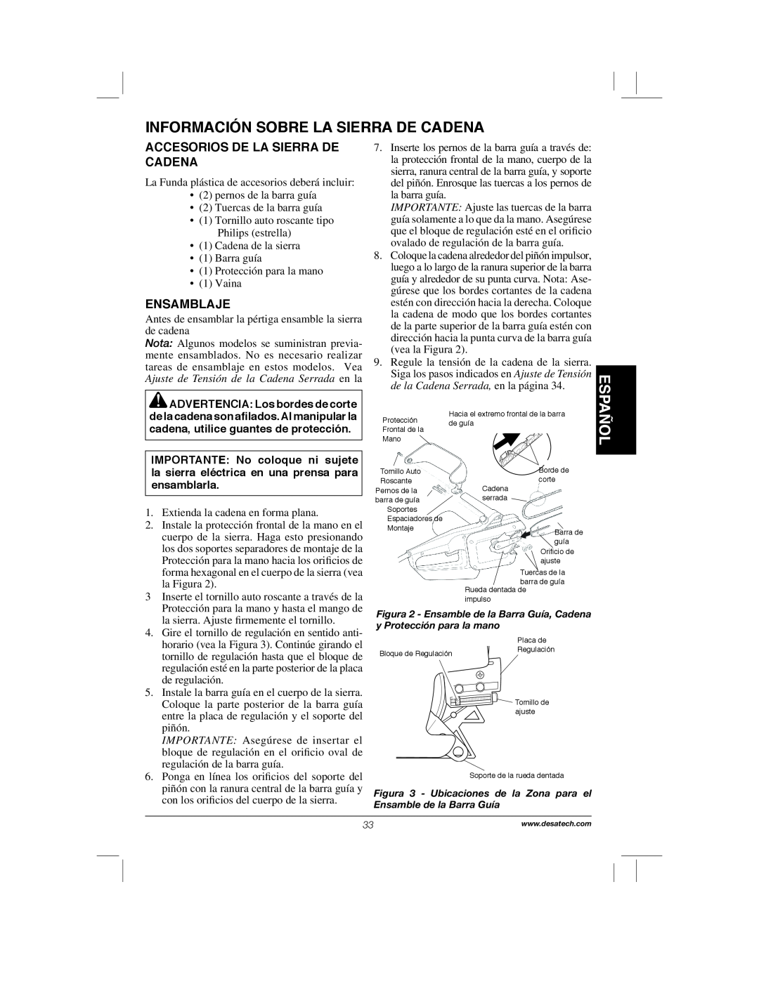 Remington Power Tools 104317, PS1510A Información Sobre La Sierra De Cadena, Español, Accesorios De La Sierra De Cadena 
