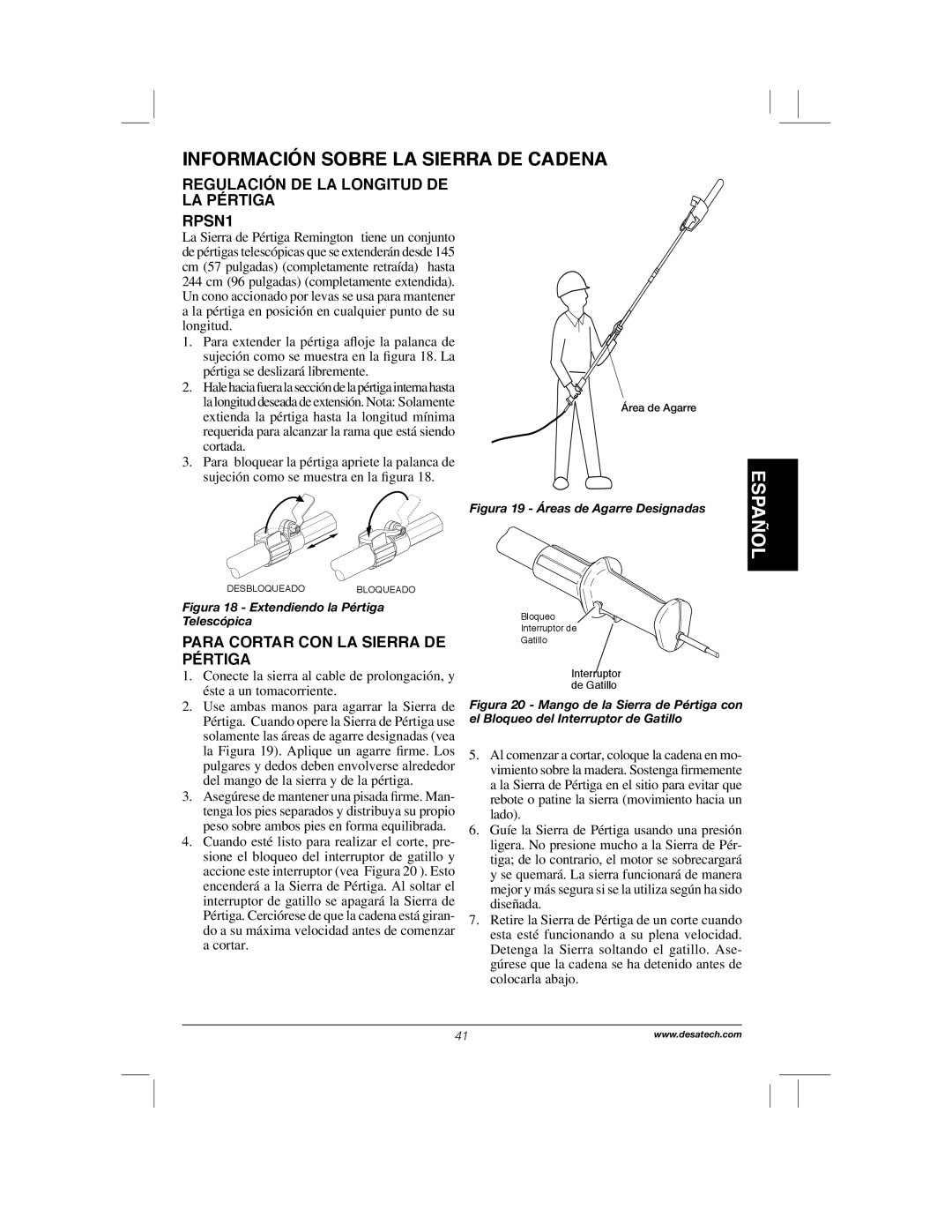 Remington Power Tools RPS2N1, 104317, PS1510A manual Información Sobre La Sierra De Cadena, Español, RPSN1 