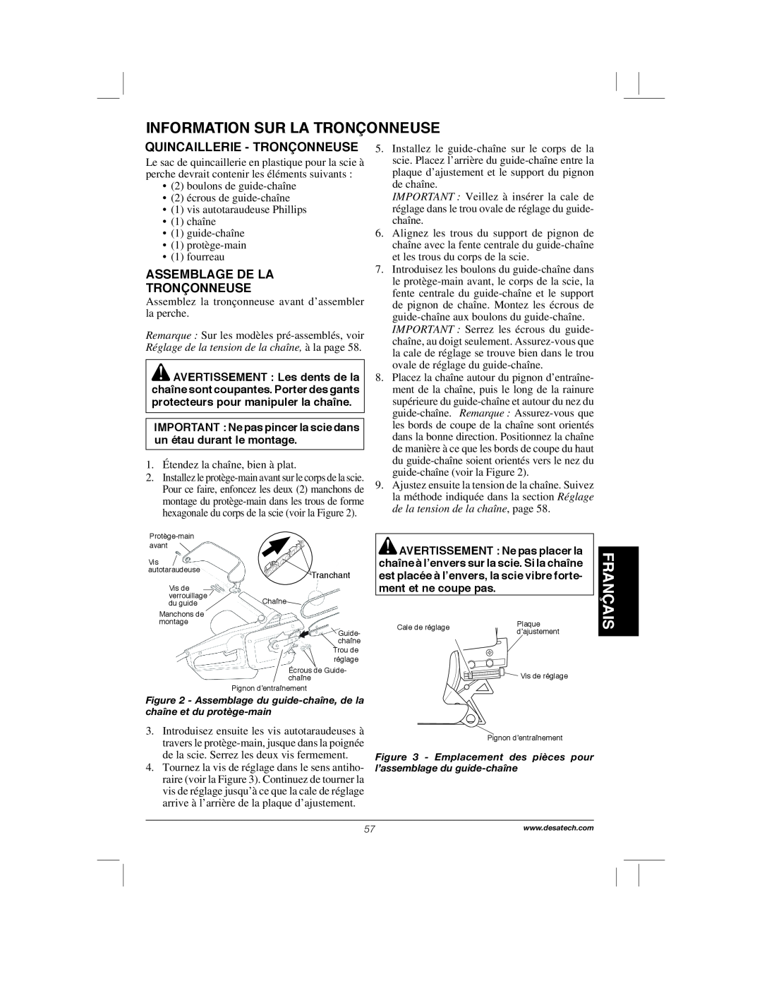 Remington Power Tools 104317, PS1510A manual Information Sur La Tronçonneuse, Français, Quincaillerie - Tronçonneuse 