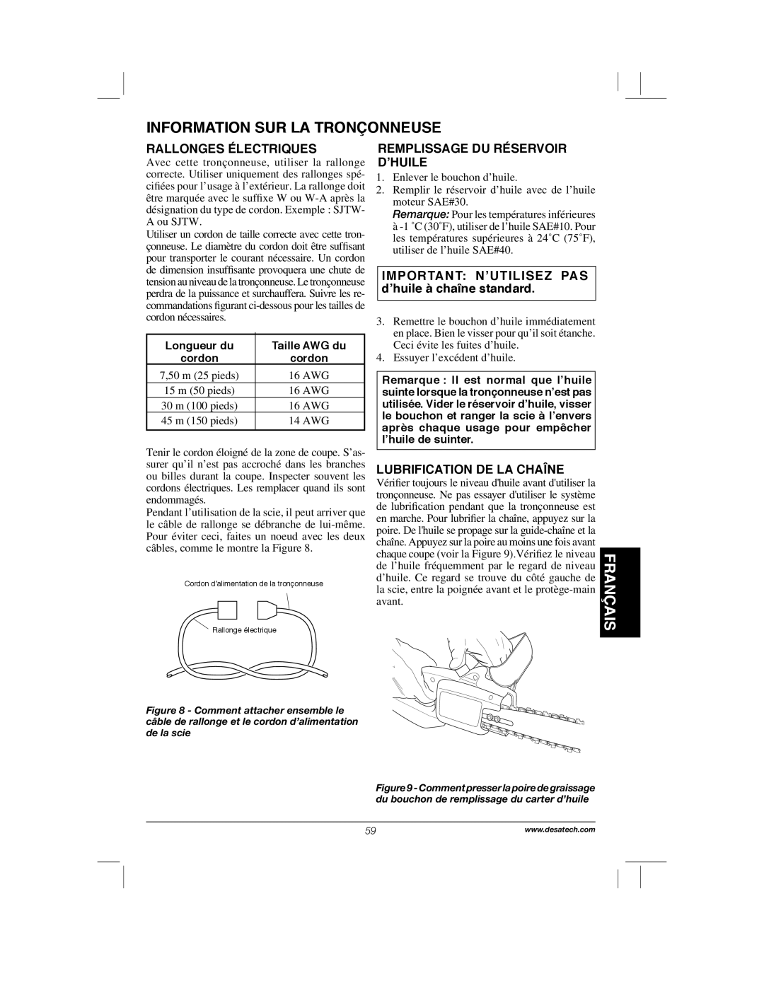 Remington Power Tools 104317, PS1510A manual Français, Information Sur La Tronçonneuse, Rallonges Électriques 