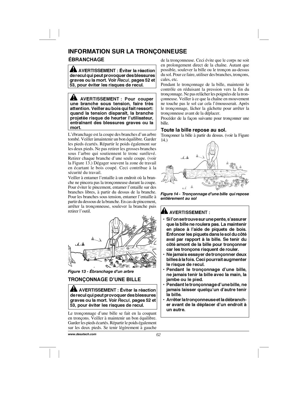 Remington Power Tools RPS2N1, 104317, PS1510A manual Information Sur La Tronçonneuse, Ébranchage, Tronçonnage D’Une Bille 