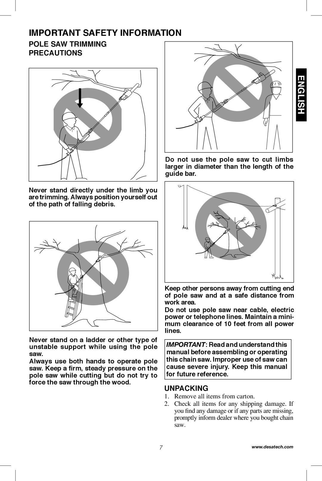Remington Power Tools 104317, PS1510A iMPORTANT SAFETY INFORMATION, English, Pole Saw Trimming Precautions, Unpacking 
