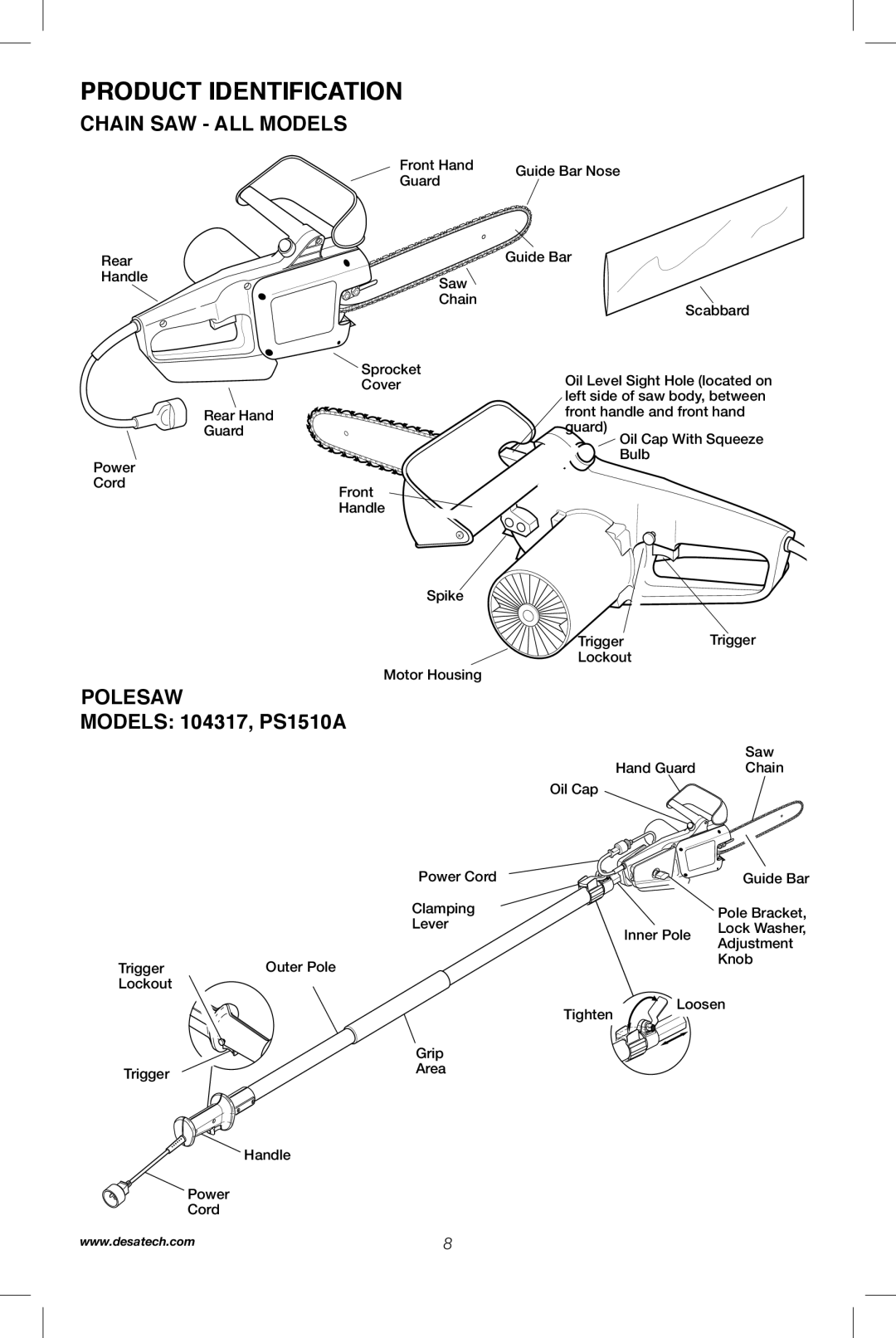 Remington Power Tools RPS2N1, 104317, PS1510A manual Product Identification, CHAIN SAW - All Models 