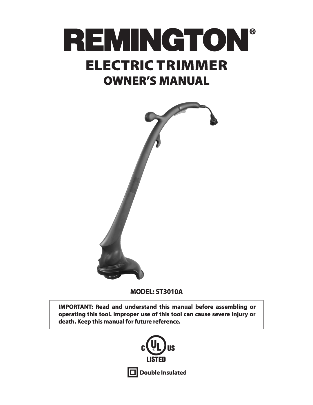Remington Power Tools owner manual Electric Trimmer, MODEL ST3010A, Double Insulated 