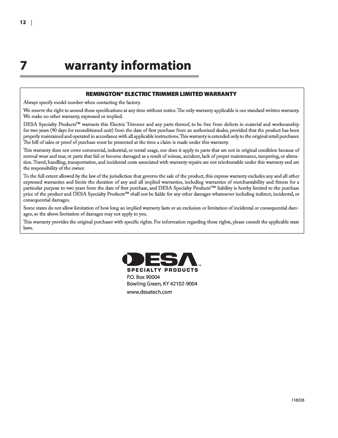 Remington Power Tools ST3010A owner manual warranty information, Remington Electric Trimmer Limited Warranty 