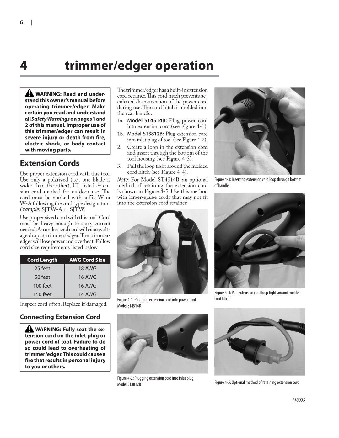 Remington Power Tools ST3812B, ST4514B owner manual Trimmer/edger operation, Extension Cords, Connecting Extension Cord 