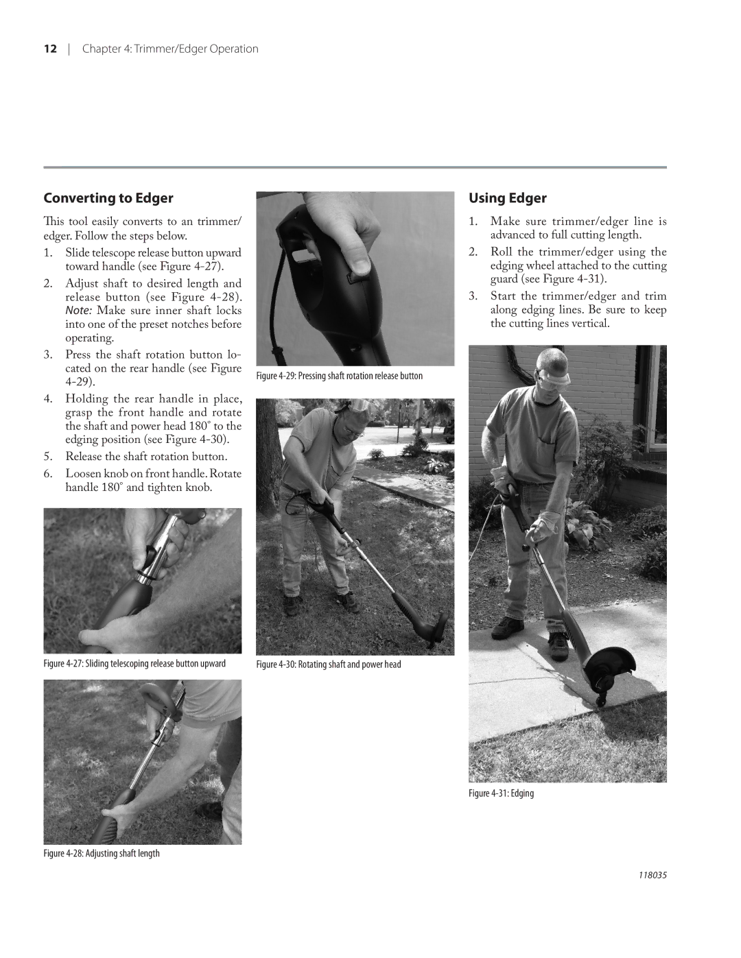 Remington Power Tools ST3812B, ST4514B owner manual Converting to Edger, Using Edger, Release the shaft rotation button 