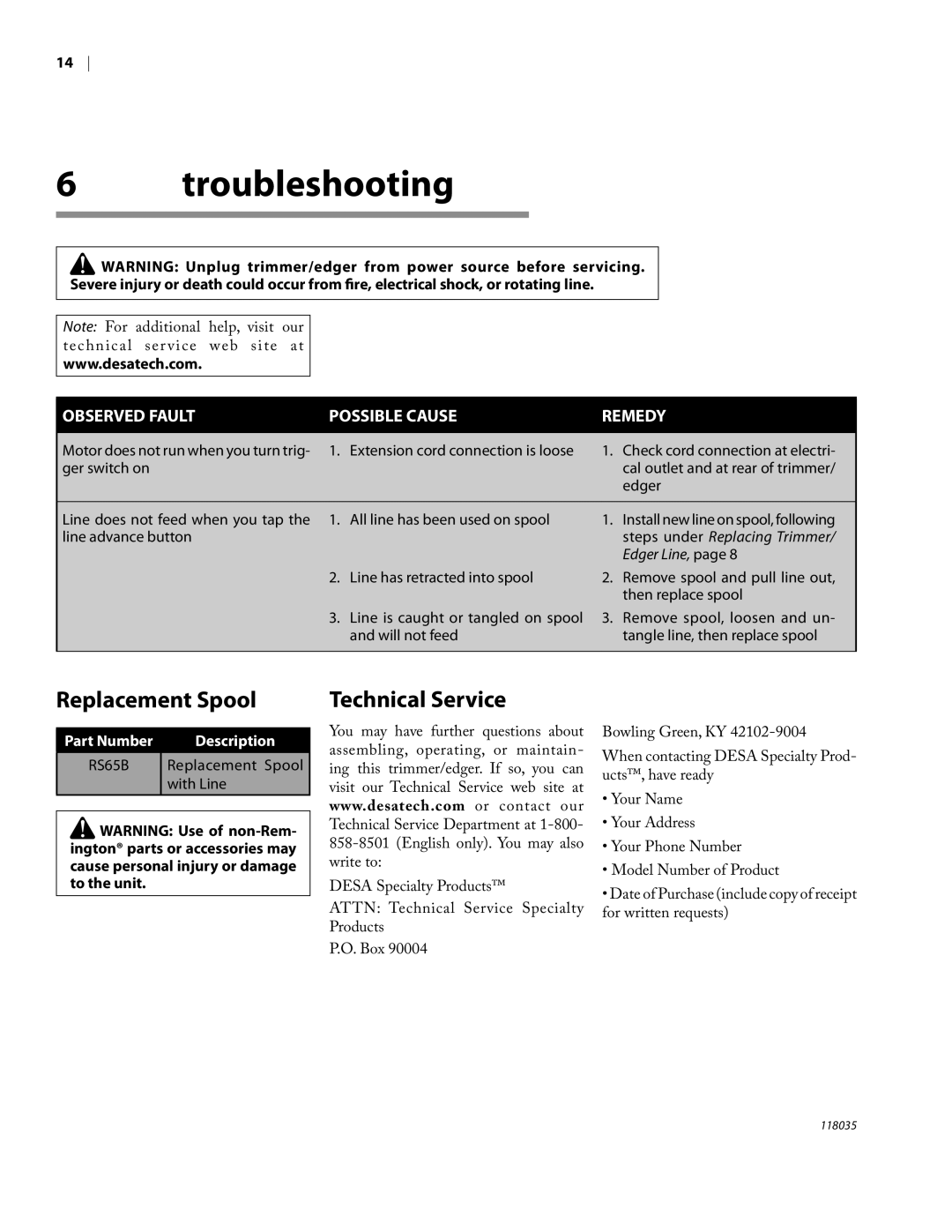 Remington Power Tools ST3812B, ST4514B owner manual Troubleshooting, Replacement Spool, Technical Service 