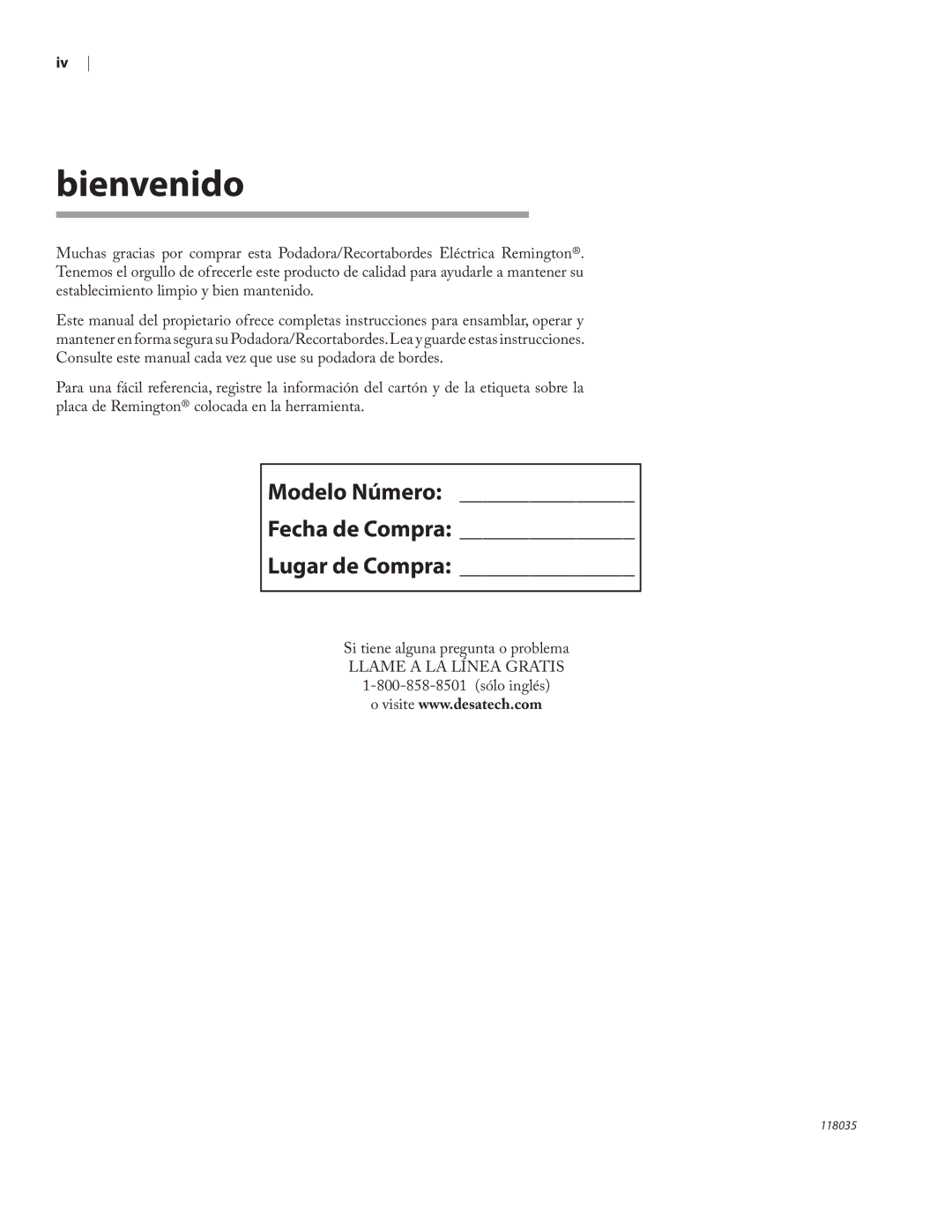 Remington Power Tools ST3812B, ST4514B owner manual Bienvenido, Modelo Número Fecha de Compra Lugar de Compra 