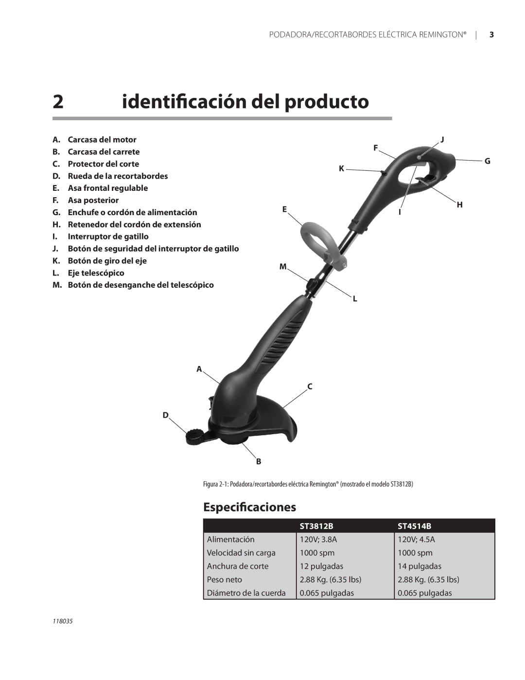 Remington Power Tools ST3812B, ST4514B owner manual Identiﬁcación del producto, Especiﬁcaciones 