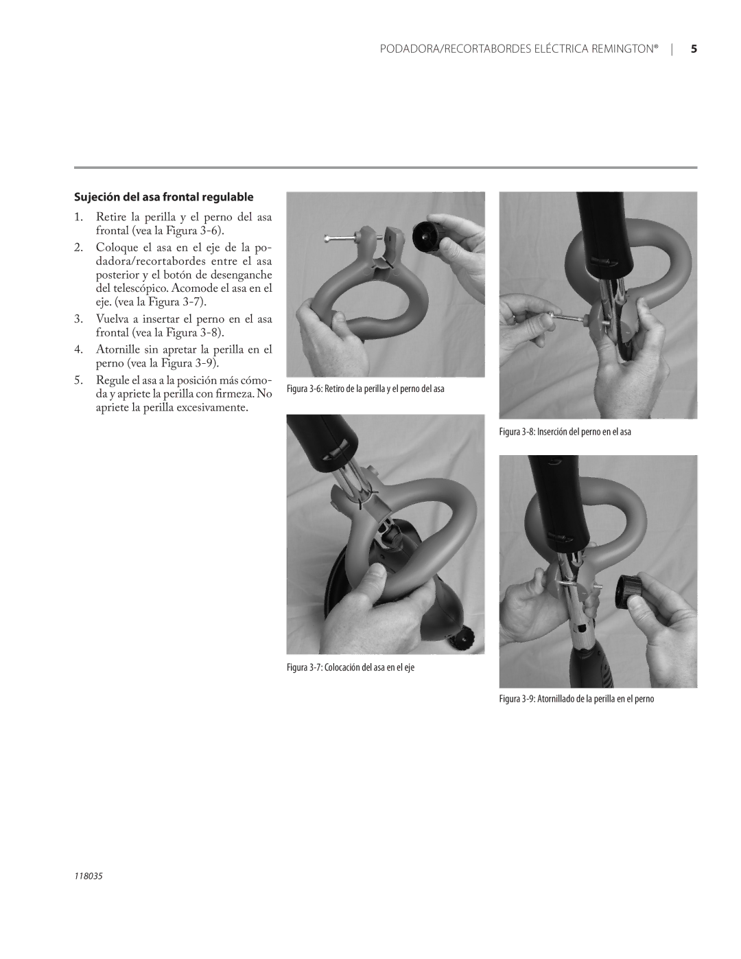 Remington Power Tools ST3812B, ST4514B owner manual Sujeción del asa frontal regulable 