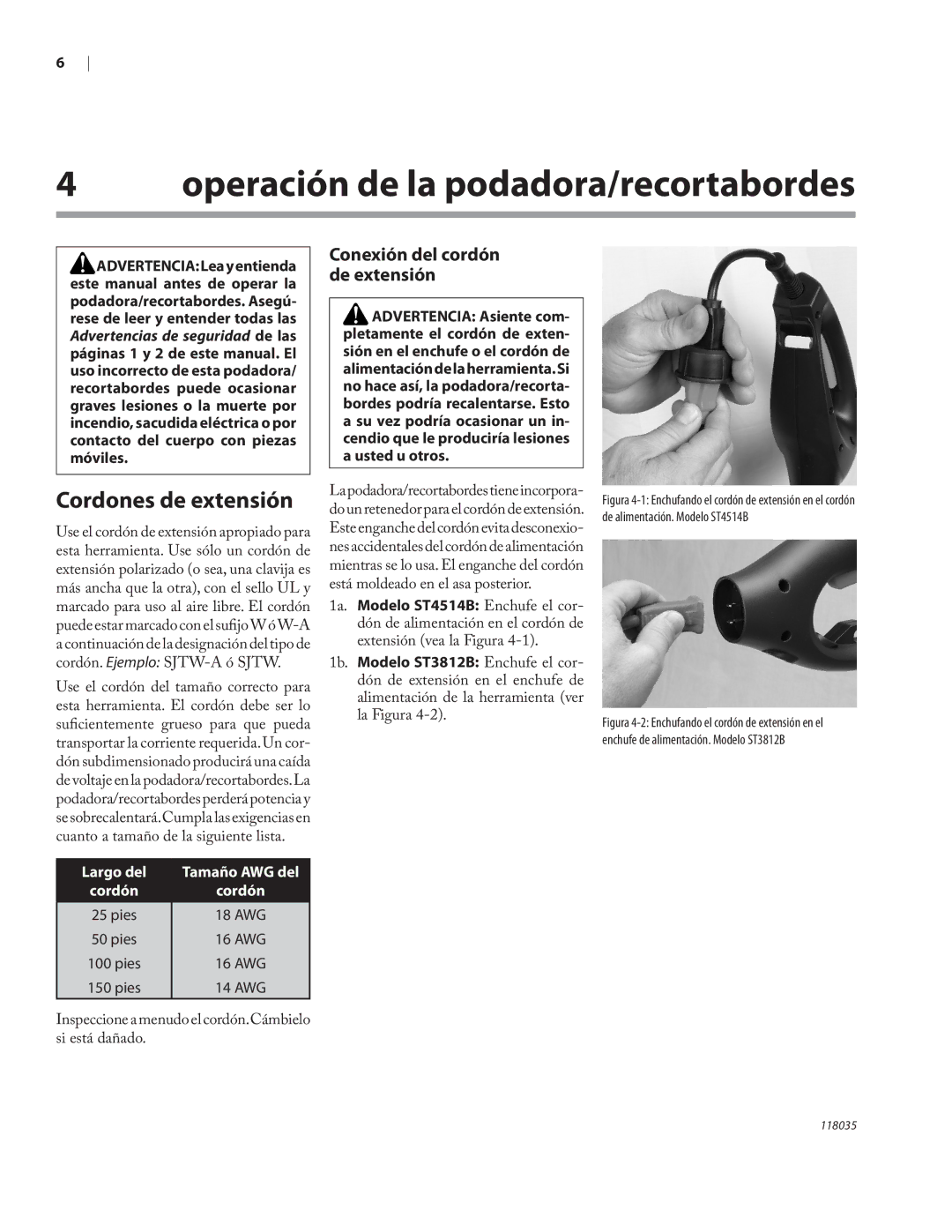 Remington Power Tools ST3812B, ST4514B owner manual Operación de la podadora/recortabordes, Cordones de extensión 