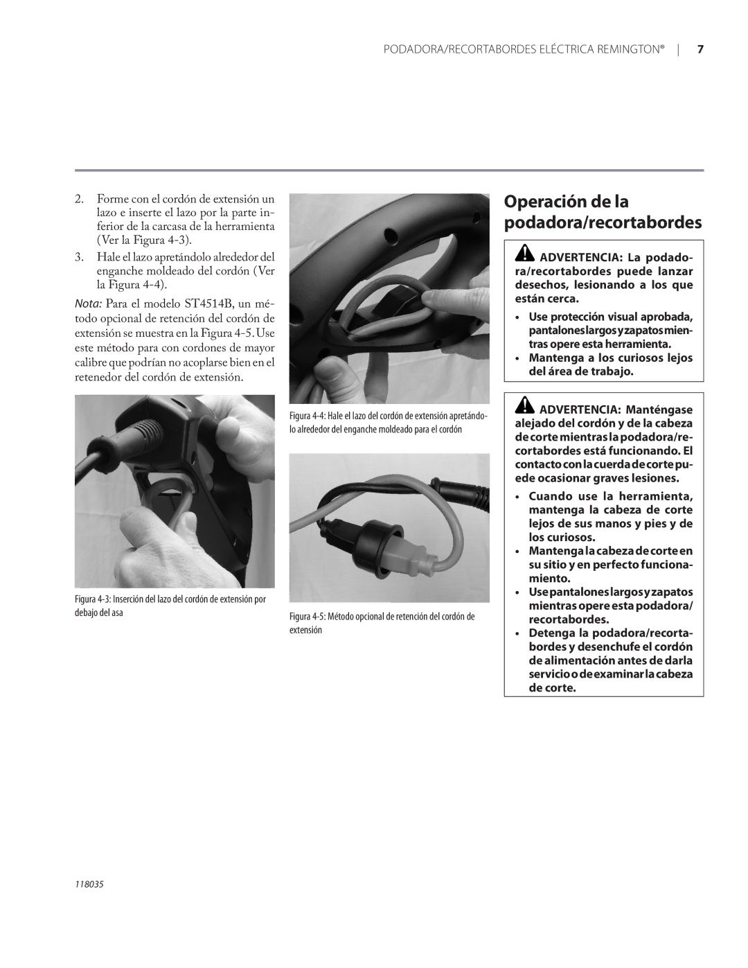 Remington Power Tools ST3812B, ST4514B owner manual Operación de la podadora/recortabordes 