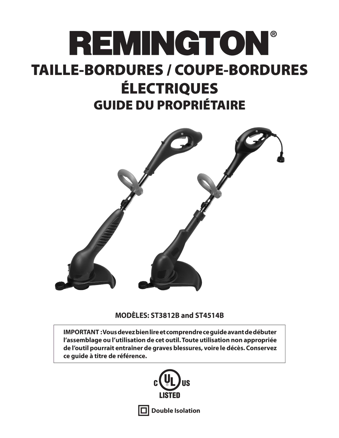 Remington Power Tools ST3812B, ST4514B owner manual Électriques, Double Isolation 