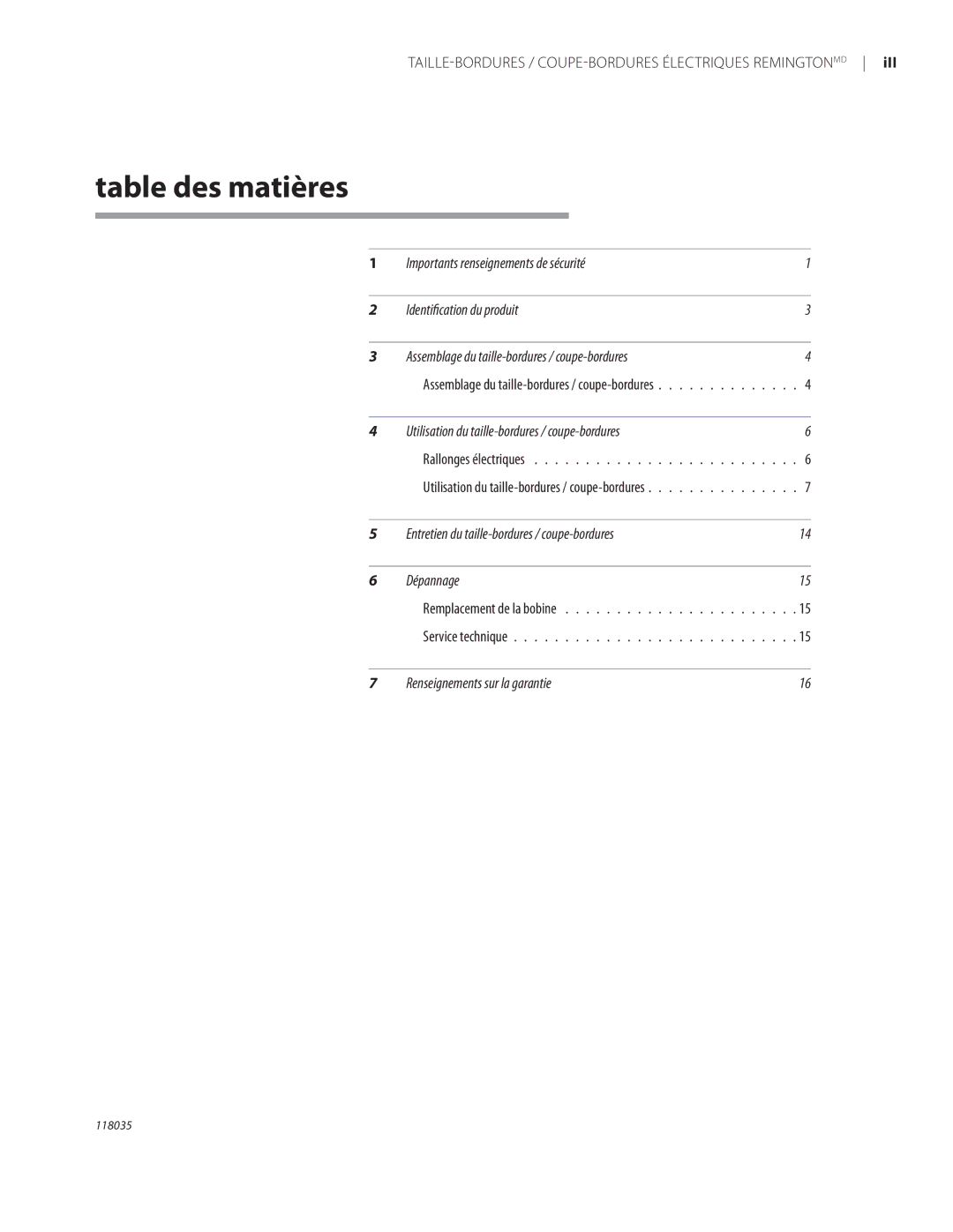 Remington Power Tools ST3812B, ST4514B Table des matières, TAILLE-BORDURES / COUPE-BORDURES Électriques Remingtonmd 