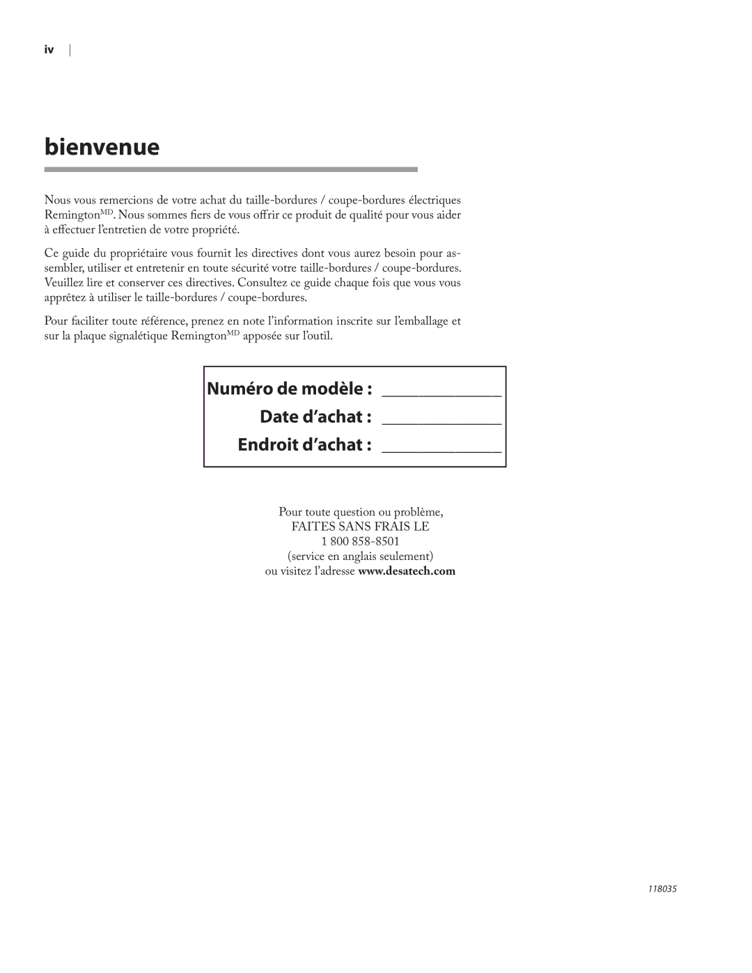 Remington Power Tools ST3812B, ST4514B owner manual Bienvenue, Numéro de modèle Date d’achat Endroit d’achat 