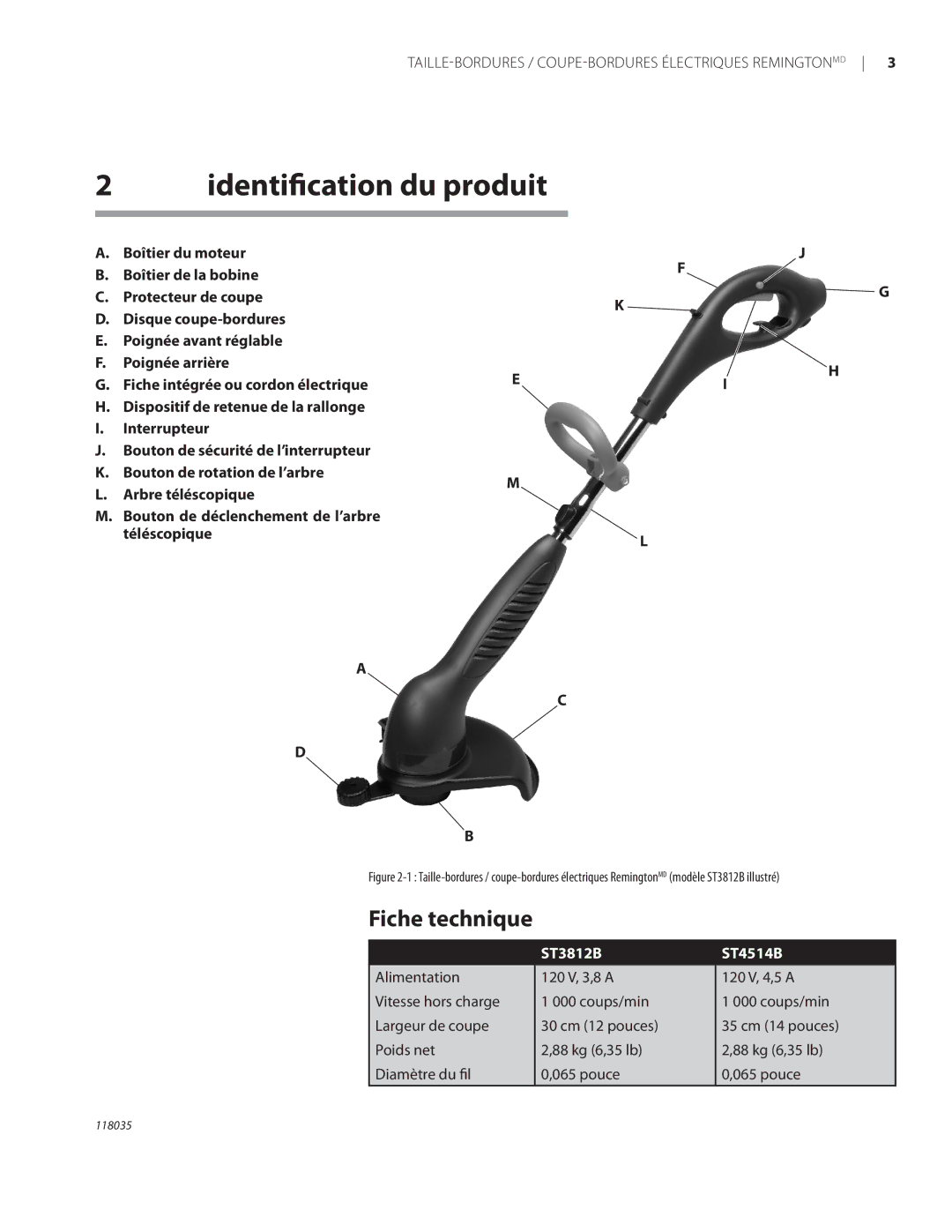 Remington Power Tools ST3812B, ST4514B owner manual Identiﬁcation du produit, Fiche technique 