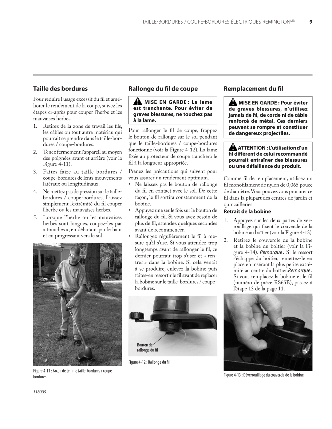 Remington Power Tools ST3812B, ST4514B owner manual Taille des bordures, Rallonge du ﬁl de coupe, Remplacement du ﬁl 