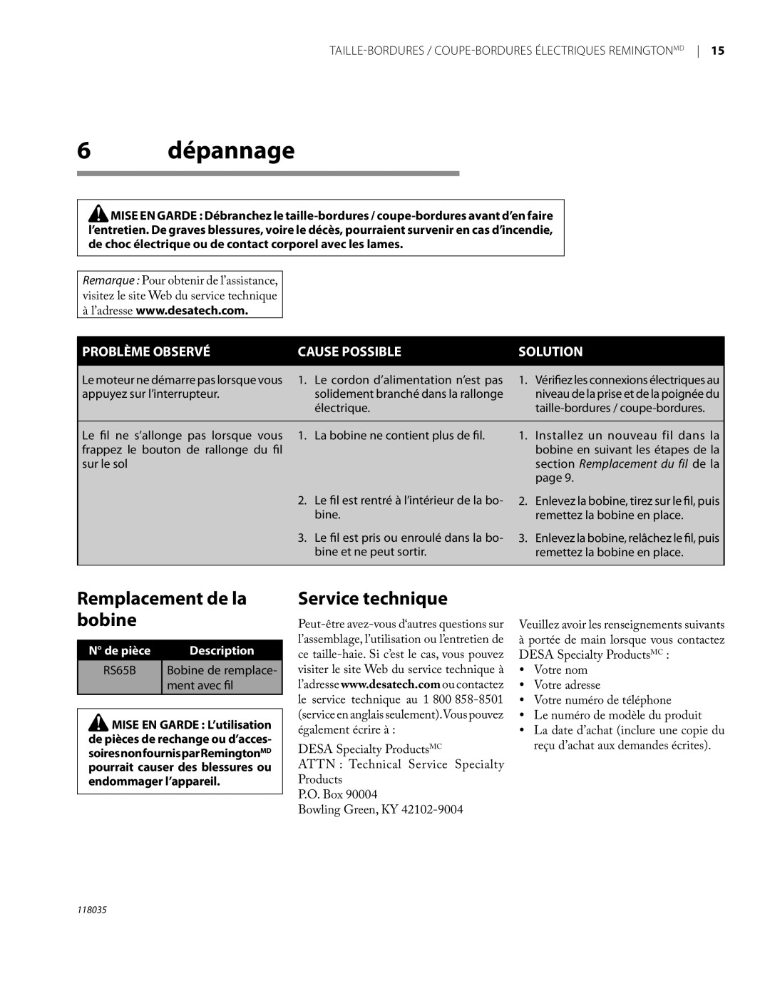 Remington Power Tools ST3812B, ST4514B Dépannage, Remplacement de la bobine, Service technique, Appuyez sur l’interrupteur 