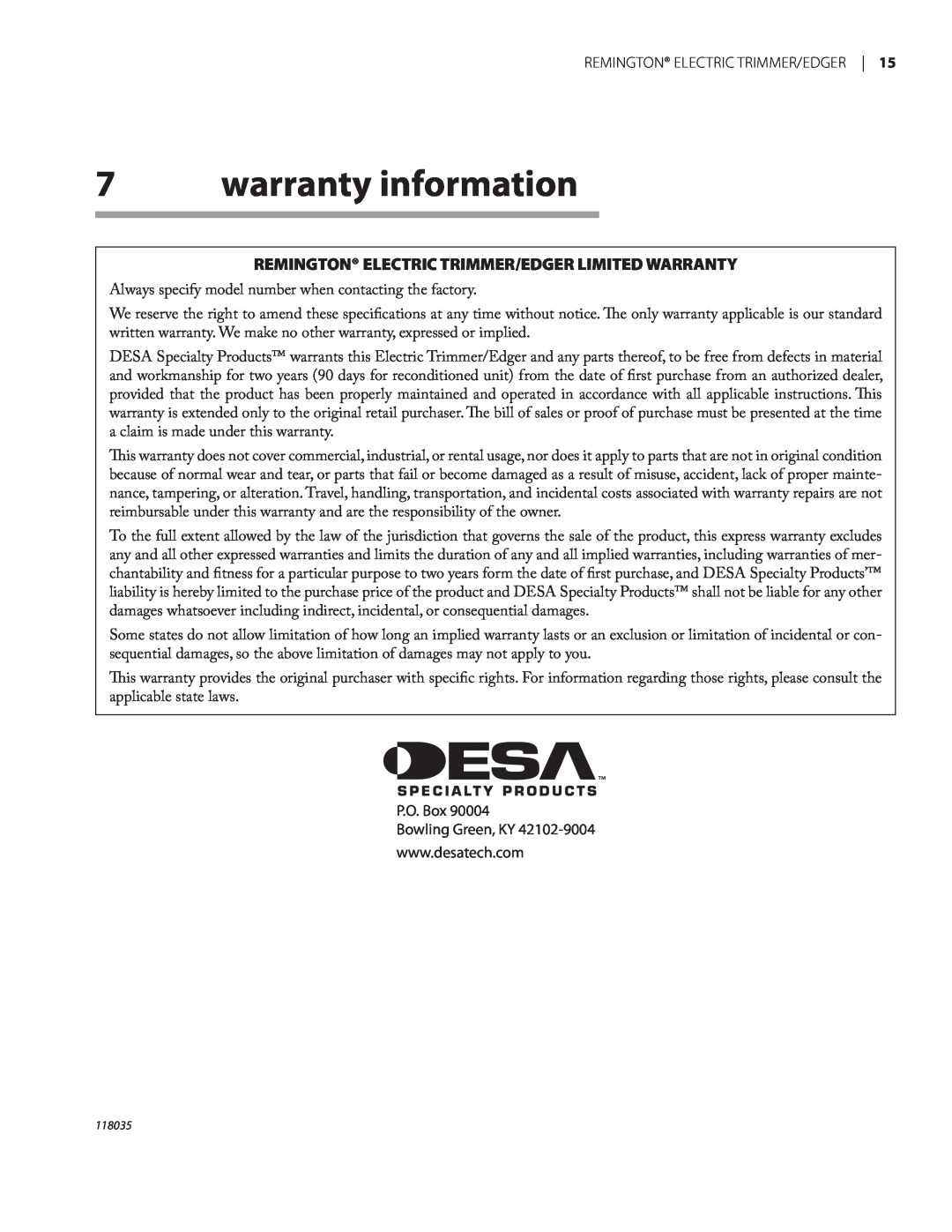Remington Power Tools ST3812B, ST4514B owner manual warranty information, Remington Electric Trimmer/Edger Limited Warranty 