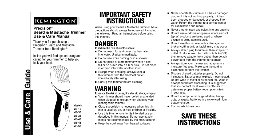 Remington Precision Beard & Mustache Trimmer important safety instructions Models MB-10 MB-30 MB-35 MB-40 MB-45 MB-50 