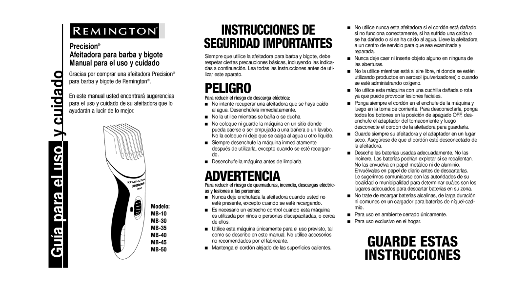 Remington Precision Beard & Mustache Trimmer Afeitadora para barba y bigote Manual para el uso y cuidado 