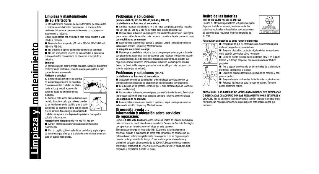 Remington Precision Beard & Mustache Trimmer Retiro de las baterías, Problemas y soluciones MB-10 