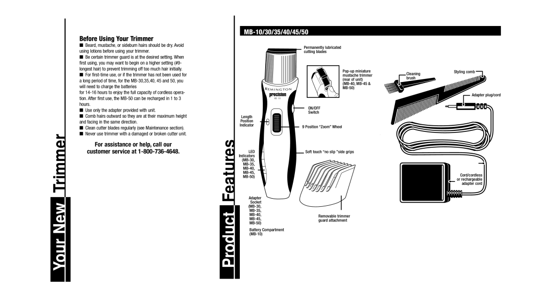 Remington Precision Beard & Mustache Trimmer important safety instructions Your New Trimmer, Before Using Your Trimmer 