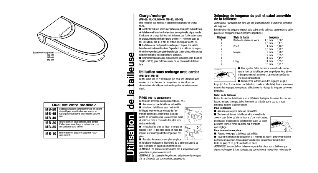 Remington Precision Beard & Mustache Trimmer Charge/recharge, Utilisation sous recharge avec cordon 