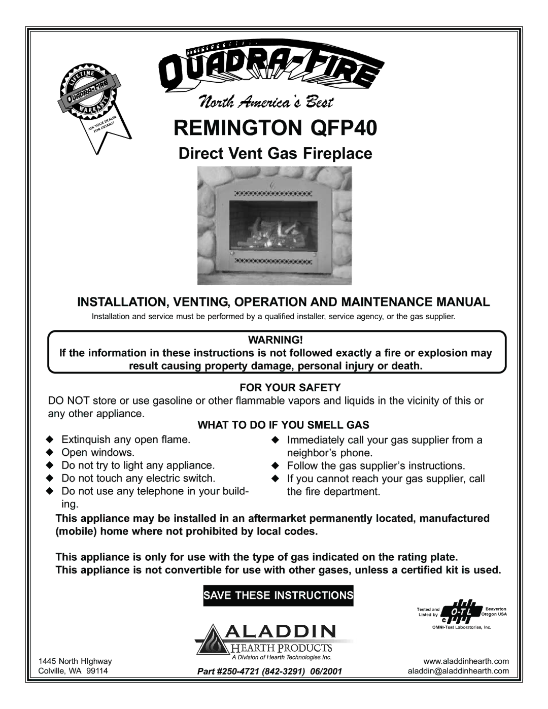 Remington QFP40 manual For Your Safety, What to do if YOU Smell GAS 