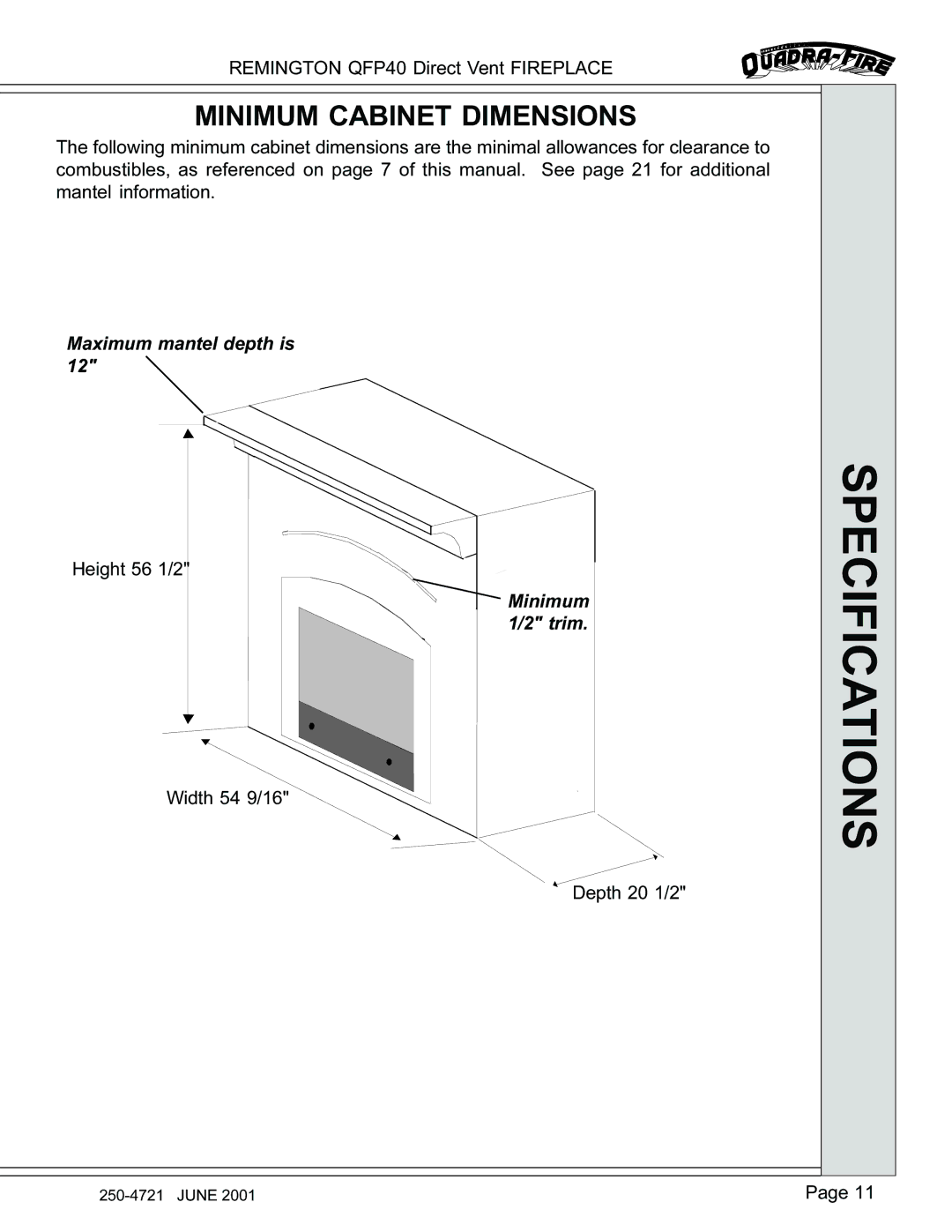 Remington QFP40 manual Minimum Cabinet Dimensions 