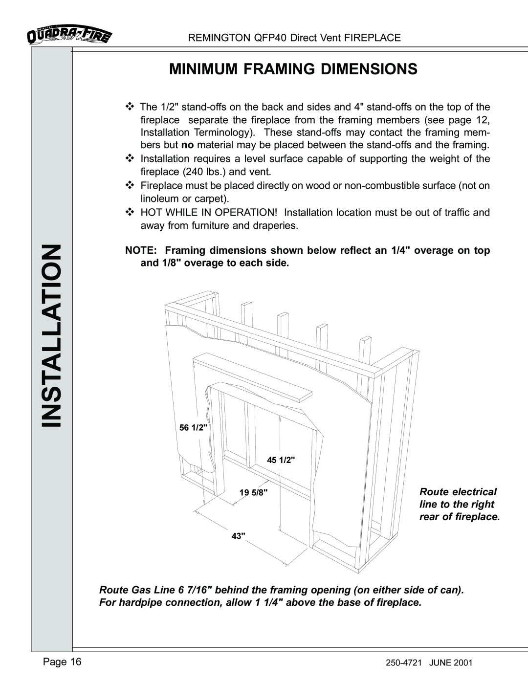 Remington QFP40 manual Installation, Minimum Framing Dimensions 