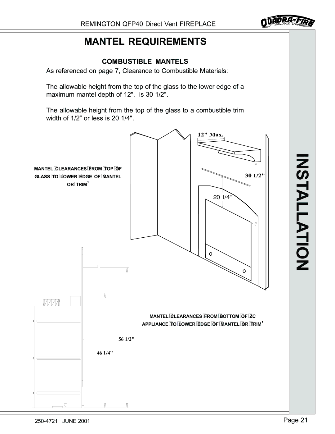 Remington QFP40 manual Mantel Requirements, Combustible Mantels 