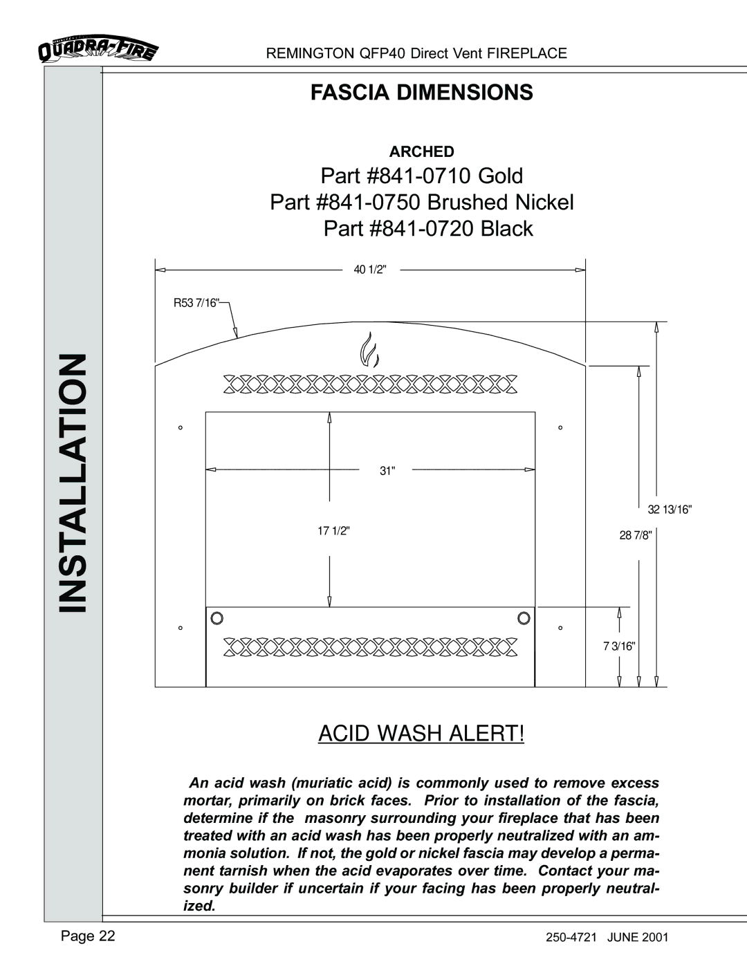 Remington QFP40 manual Fascia Dimensions, Acid Wash Alert 