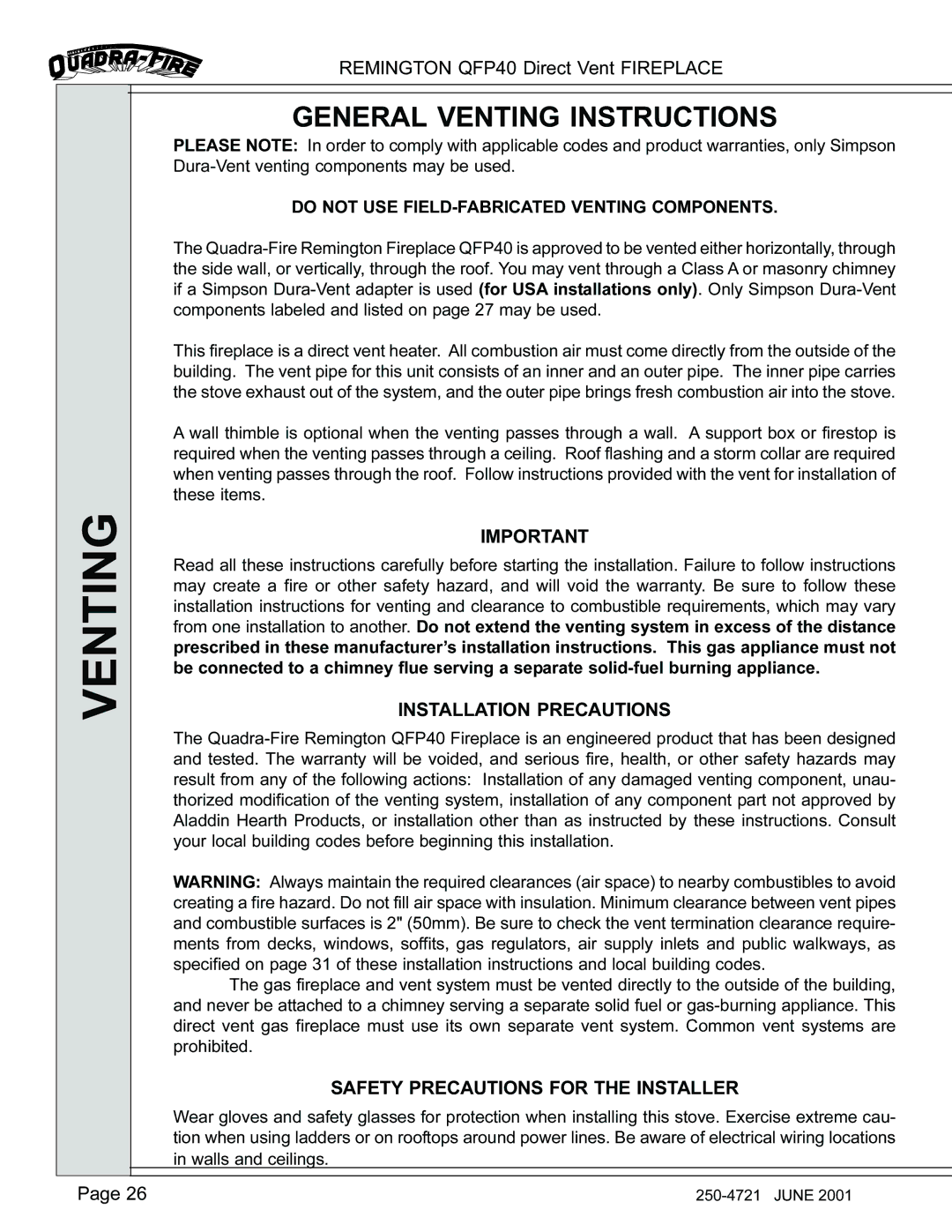 Remington QFP40 manual General Venting Instructions, Installation Precautions, Safety Precautions for the Installer 