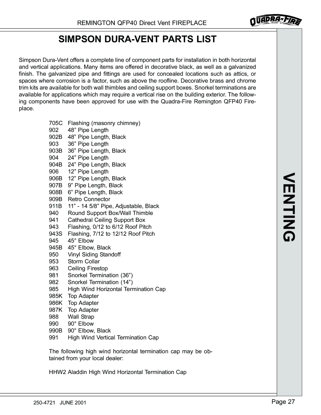 Remington QFP40 manual Simpson DURA-VENT Parts List 