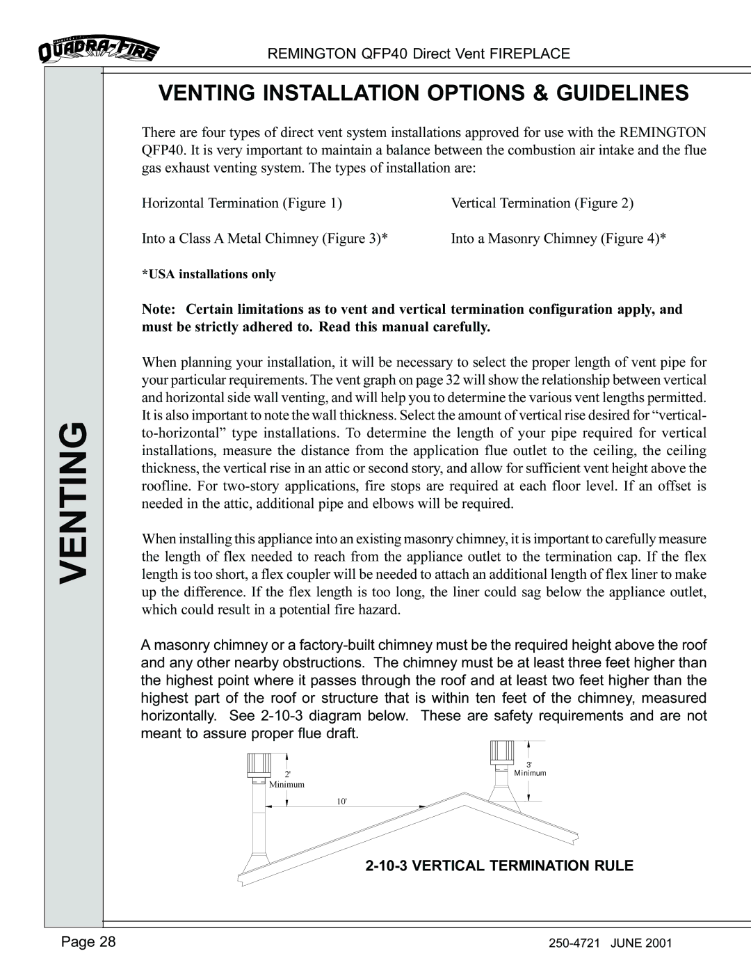 Remington QFP40 manual Venting Installation Options & Guidelines, Vertical Termination Rule 