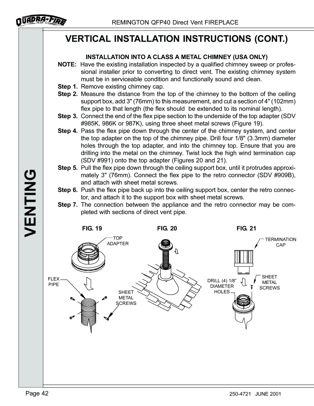 Remington QFP40 manual Installation Into a Class a Metal Chimney USA only 