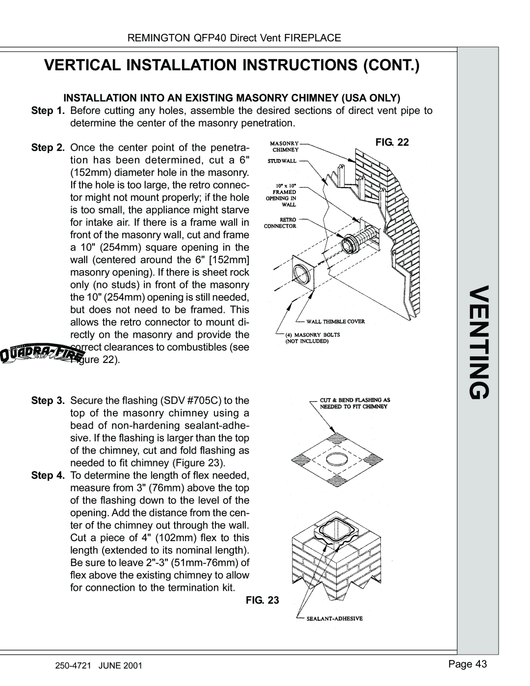 Remington QFP40 manual Installation Into AN Existing Masonry Chimney USA only 