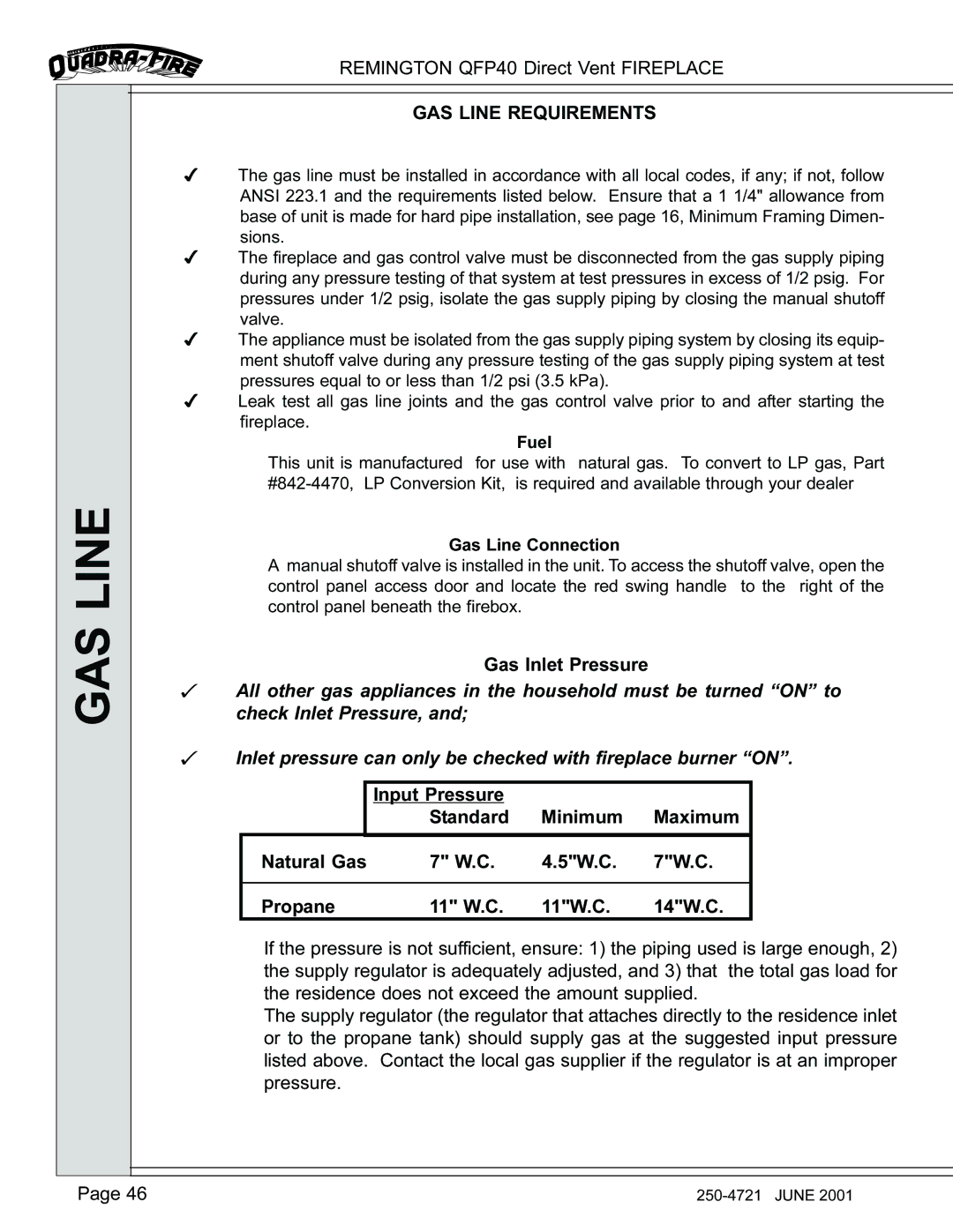 Remington QFP40 manual GAS Line Requirements 