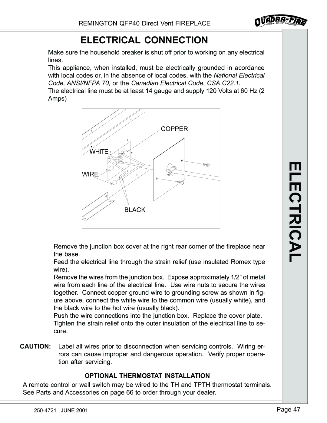 Remington QFP40 manual Electrical Connection, Copper White Wire Black, Optional Thermostat Installation 