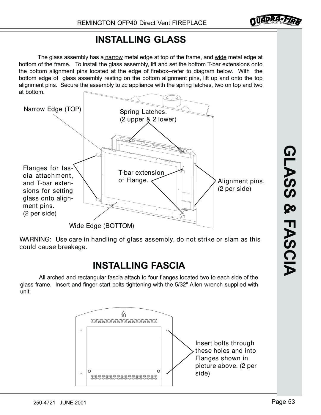 Remington QFP40 manual Installing Glass, Installing Fascia 